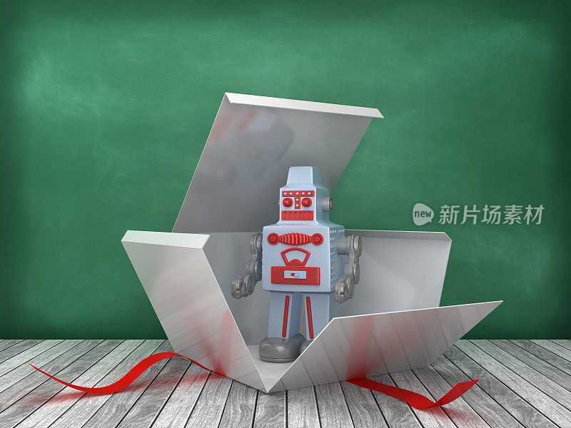 礼品盒与复古机器人在黑板背景- 3D渲染